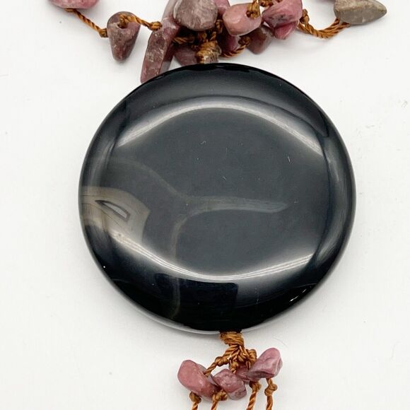 Mauve Stone Chip 3 Strand Polished Black Stone Pendant Tassel Boho Necklace 25” - Picture 4 of 12